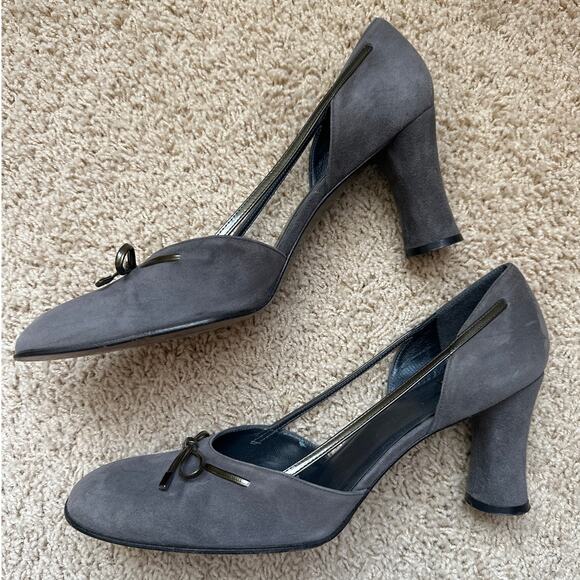 Stuart Weitzman Women's Gray Suede D'Orsay Bow Heels Pumps Shoes - Picture 3 of 7
